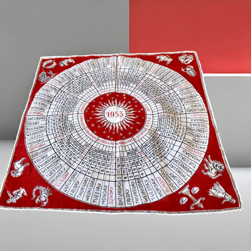 Vintage 1953 Astrology Calendar Zodiac Signs Scarf Handkerchief 11" Square